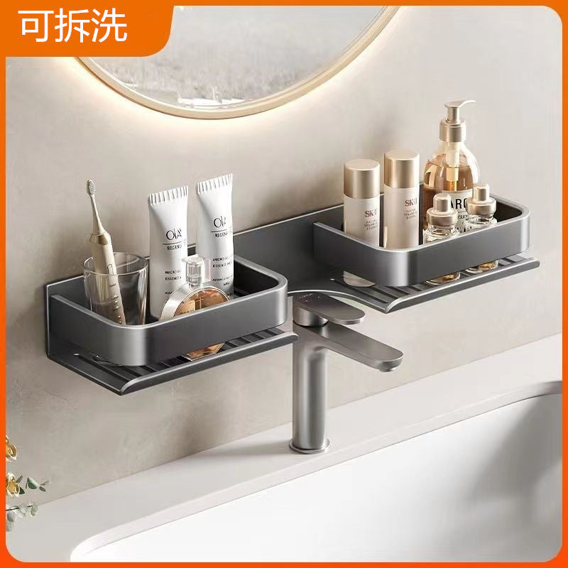 Space aluminum non-punching bathroom rack milk white bathroom wall-mounted washstand mirror front faucet storage rack