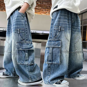 Kids' boys' denim cargo pants - new styles for mid-to-large children - stylish, casual, loose-fit boy's spring/autumn trousers