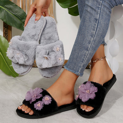 Popular thick sole furry slippers for women indoor and outdoor wear plus size 2024fall and winter large flower home fleece-linedheattech flip flops