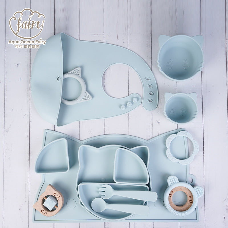 Customized food-grade silicone cat cartoon pattern modeling silicone bowl integrated three-grid plate divided rice feeding set