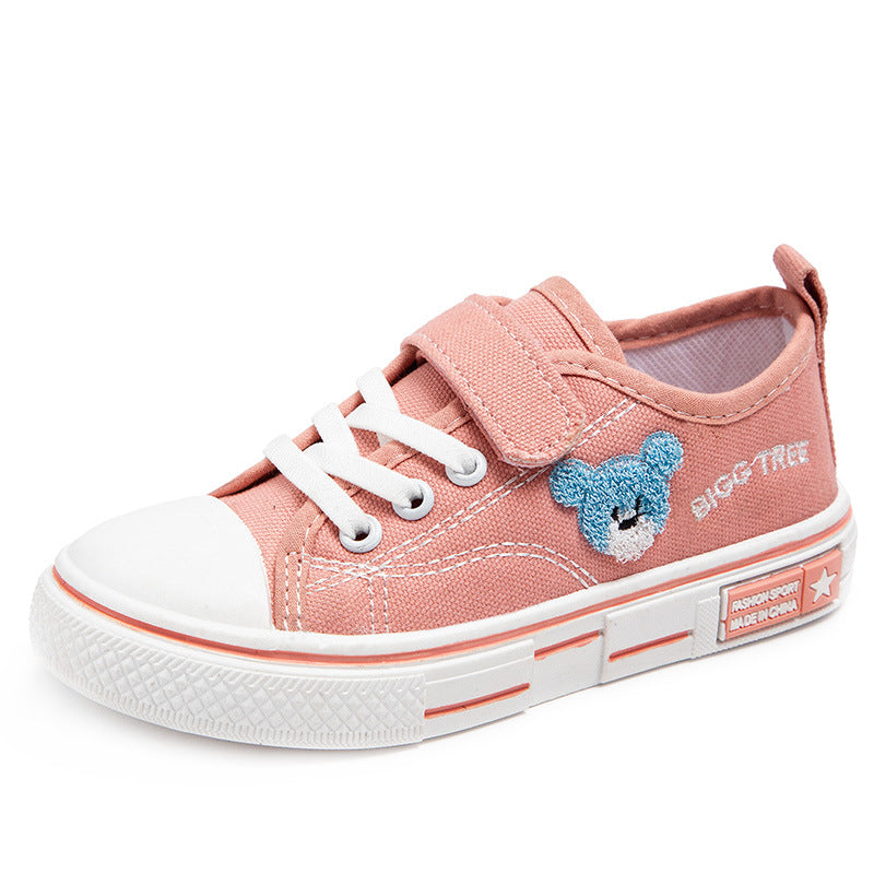 Low-top solid soft-soled baby casual board shoes children's spring new boys and girls breathable cartoon embroidered canvas shoes