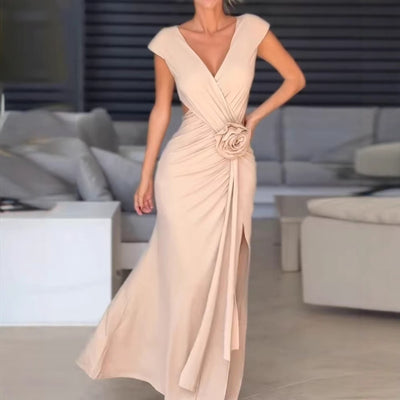 european and american export women's elegant v-neck sleeveless slit cutout dress evening gown
