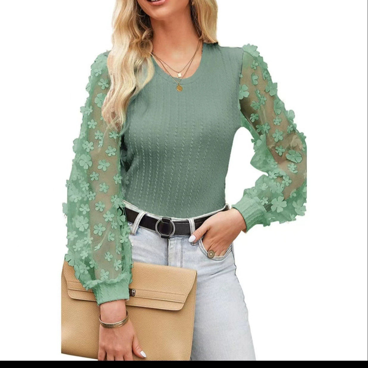 European and American  women's clothing, mesh floral chiffon shirt women's 2024 spring and summer round neck thin pullover long-sleeved top