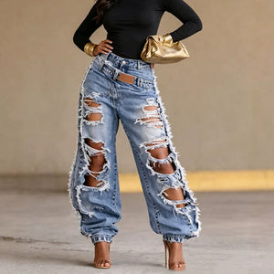 European and american jeans for women, washed, oversized, ripped, raw edge, wide-leg pants, stylish waistband, beggar style, cross-border trendy brand