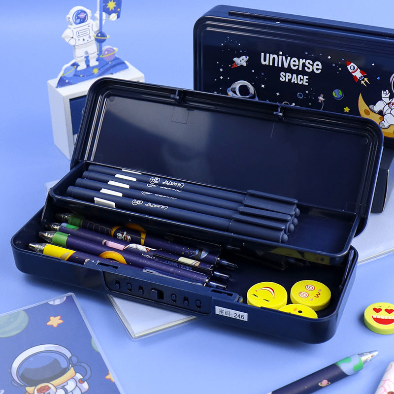 Student stationery box wholesale children's cartoon cute astronaut plastic waterproof pencil case multi-functional combination lock pencil case
