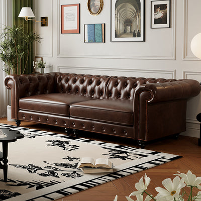 American retro sofa oil wax leather living room house hotel club medieval style straight black buckle sofa furniture