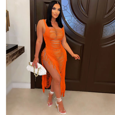 spring/summer new women's dress - european & american sexy cutout beach cover-up with tassel beach skirt