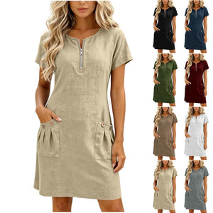 new arrival: cross-border fashion - european & american style women's summer dress. ready to ship. pure cotton & cotton linen blend. features side pockets, zipper closure, and short sleeves