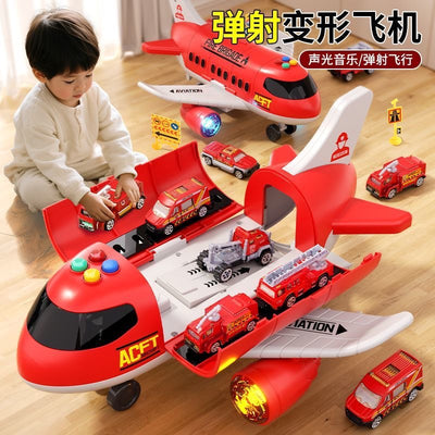 Kids' ejection transforming airplane storage toy set - alloy car, realistic fire truck, construction vehicle, police car, and transport helicopter for boys