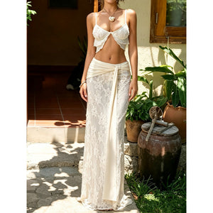 summer european and american style sexy hot girl vacation short inner top high-waisted tie-up maxi skirt set