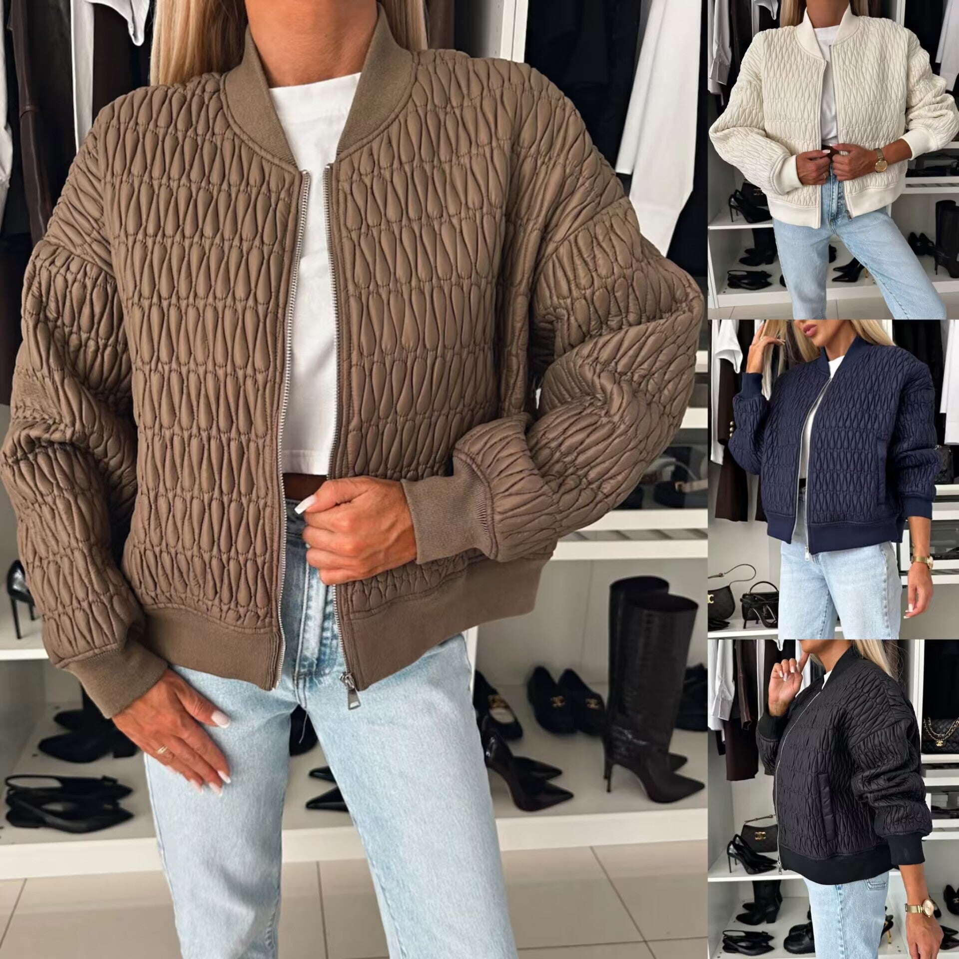 2024 autumn and winter new solid color embroidered short zipper jacket baseball jersey thickened cotton clothing women