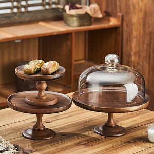 Vintage-style wooden cake stand with glass dome lid - perfect for cakes, bread, desserts, fruits, and tea pastries (2026 collection)