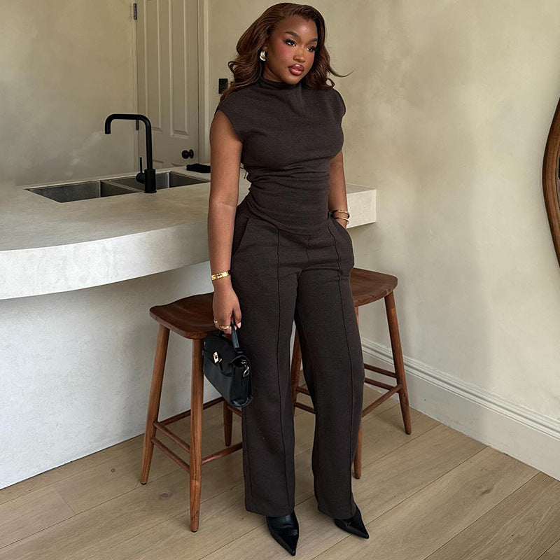 European and American  women's clothing 2025 autumn new fashion casual semi-turtleneck short-sleeved waist wide-leg pants solid color suit