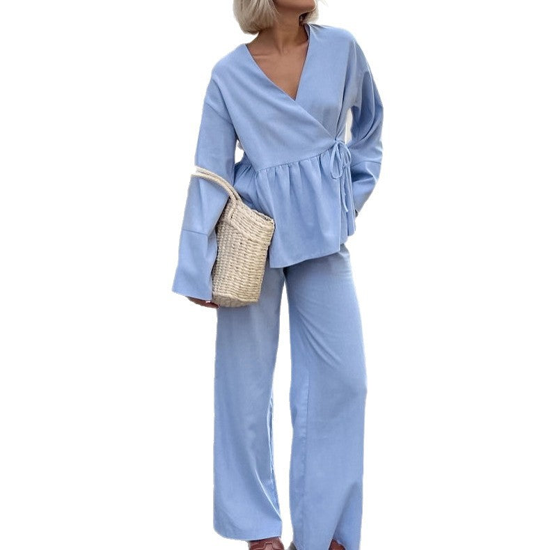 European and American elegant pure cotton v-neck lace-up cardigan top trousers two-piece set women's autumn loose fashion suit women's clothing