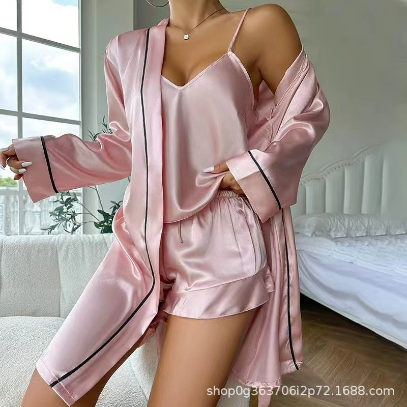 European and American  women's pajamas, home simulation silk V-neck long cardigan, skin-friendly, sexy, fashionable and enlarged nightgown