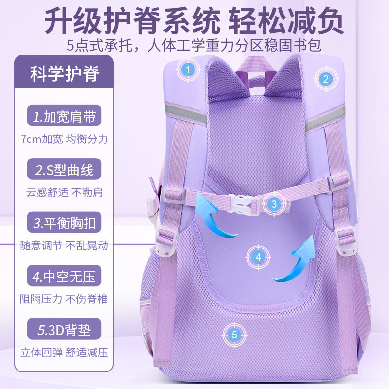 Primary and secondary school girls, grades 1, 2, 3 to 6, children's schoolbag, shoulder spine protection, large-capacity backpack, ultra-light