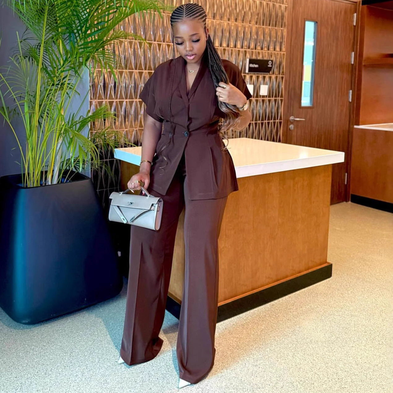 European and American fashion temperament, foreign style V-neck cardigan top, women's African high waist wide leg trousers, new women's clothing two-piece set