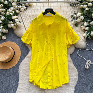 Fashion heavy industry beading lantern sleeve shirt women's summer new style lazy easiest for matchcasual single breasted tops trendy