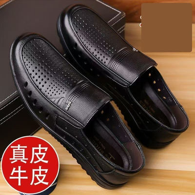 Summer cowhide leather sandals for men - casual, genuine leather, soft sole, perforated, breathable, non-slip, hollow-out design - perfect for middle-aged and elderly dads