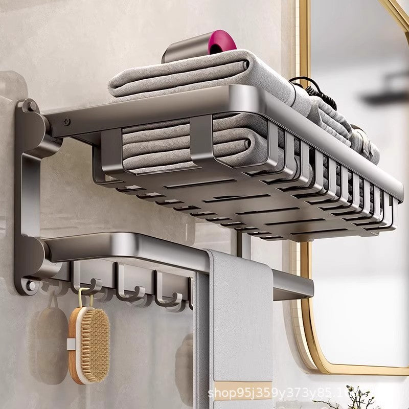 No punching bath towel holder gray space aluminum bathroom double folding net basket thickened shelf for clothes artifact bathroom