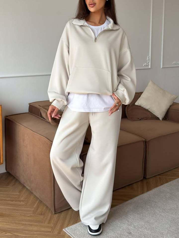 European and American leisure women's cotton-containing set zipper lapel pullover sweater strap straight wide-leg pants two-piece set