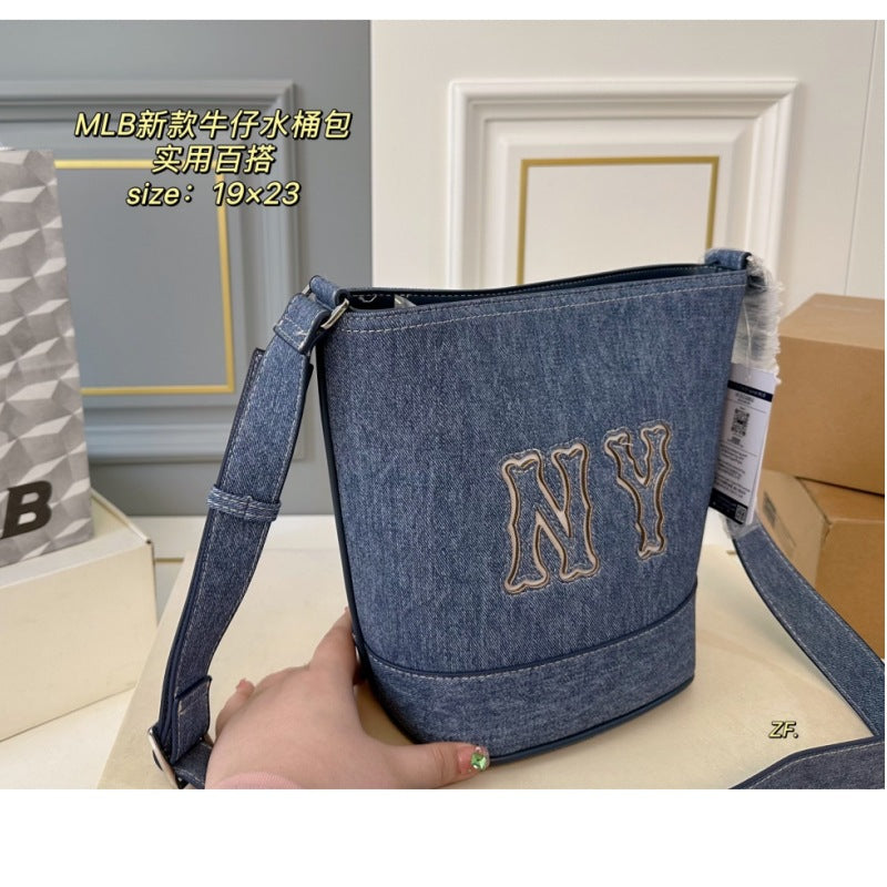 MLB casual retro denim bucket bag fashion letter embroidery portable shoulder women's bag versatile fashion tote bag