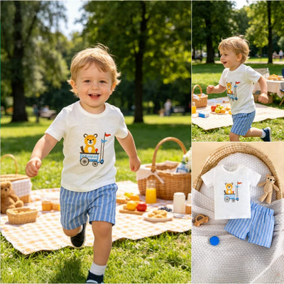 new arrival: bestselling baby summer outfit two-piece set - soft cotton bear cartoon tee & blue striped shorts