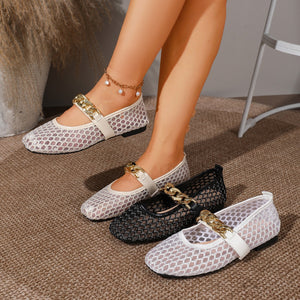 Exportplus size spring and summer new arrival soft bottom breathable mesh flats women's flatscut out metal chain casual mesh shoes
