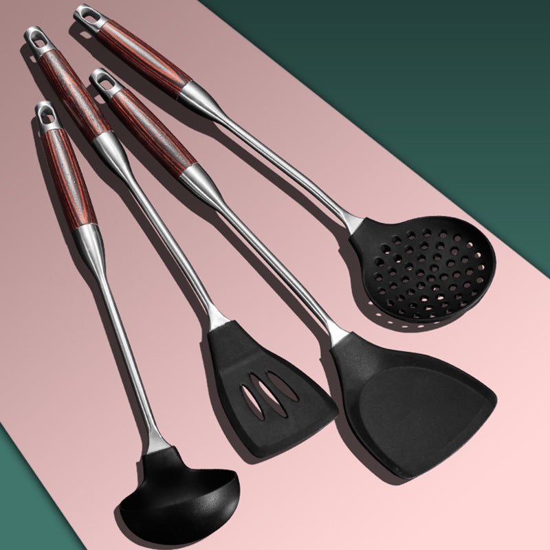 Daoqi 304 stainless steel silicone spatula household kitchen tools high temperature non-stick pan wooden handle cooking spoon spatula