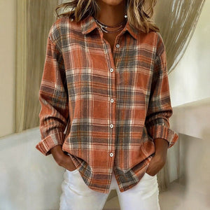 European and american casual style women's shirt - orange-brown plaid, turn-down collar, long sleeves, drop shoulder, loose fit, versatile outerwear shirt - wholesale supply