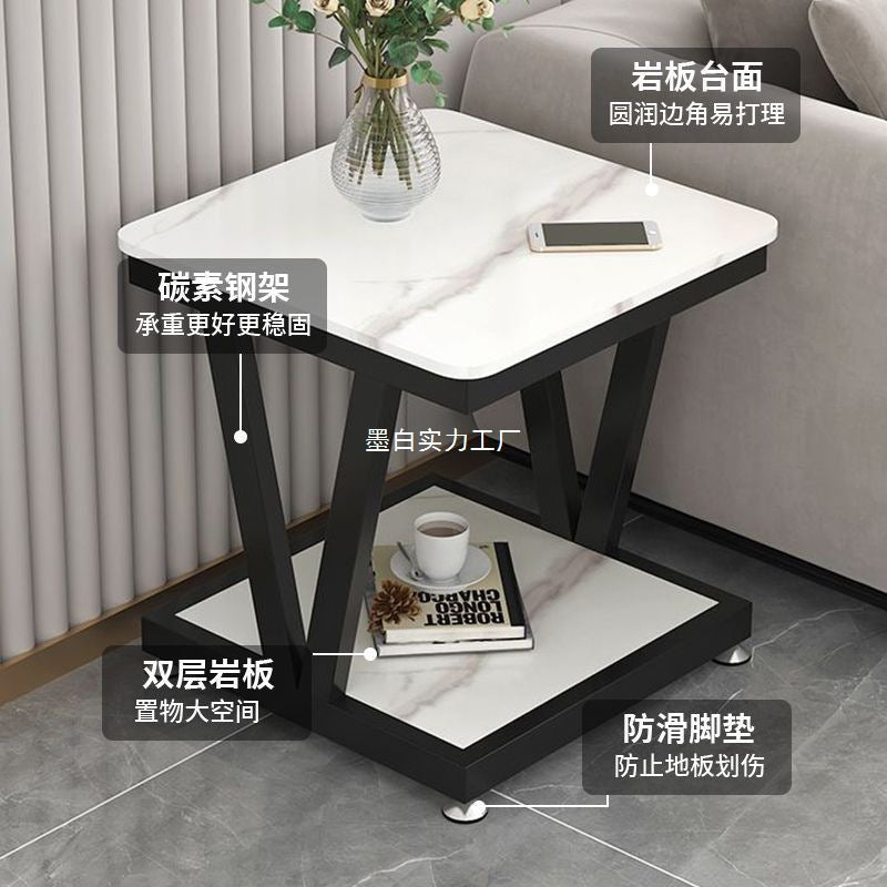 Nordic sofa side side side cabinet rock slab small coffee table with wheels side table double layer mobile small table corner bedside table
