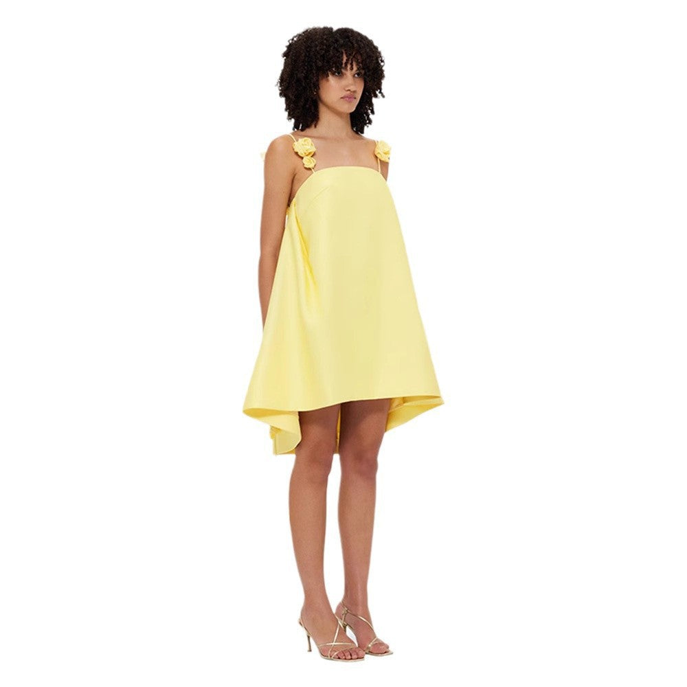 Spring and summer 2025 European and American  new sexy yellow backless three-dimensional flower suspender skirt short skirt