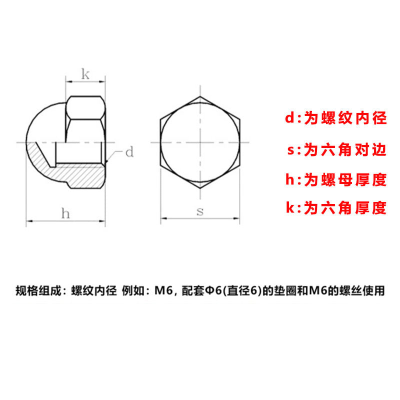 304 stainless steel hexagonal nut anti-rust decorative nut M5 semi-round bag head screw cap ball head cover nut M6