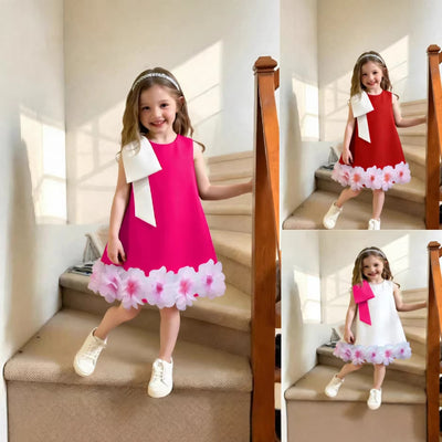 girls' solid color sleeveless party dress with 3d floral hem and bow detail
