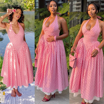 S391574 cross-border summer halterneck polka dot chest cup style long skirt high waist slimming look elegant backless fluffy skirt