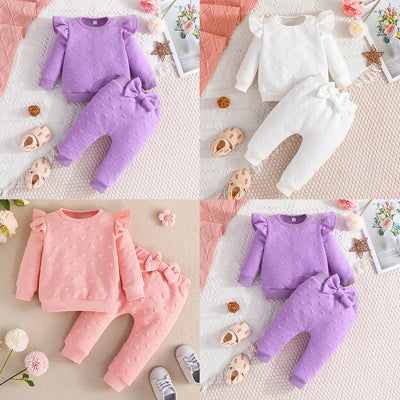 European and american style new spring/autumn baby girl's flutter sleeve top + bowknot pants two-piece set - fashionable casual outfit