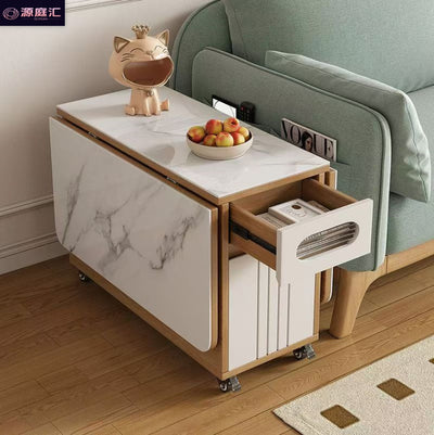 Multifunctional sofa corner table, side cabinet, foldable coffee table, slate dining table, dual-purpose living room trolley, movable tea table