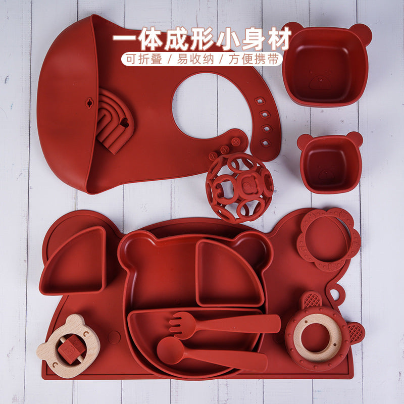 Customized silicone baby tableware set Children's complementary food bowl set Anti-drop grid tableware Silicone bib saliva pocket