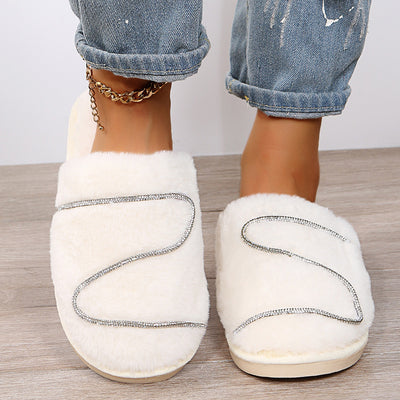 2024 fall/winter new women's closed-toe slippers rhinestone flat z-shaped fuzzy slippers indoor/outdoor fleece-lined cotton slippers
