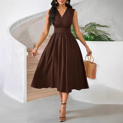 fashionelegantpure colorv neckbohemia sleeveless mid-length skirt women's long dress
