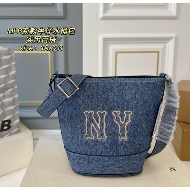 MLB casual retro denim bucket bag fashion letter embroidery portable shoulder women's bag versatile fashion tote bag