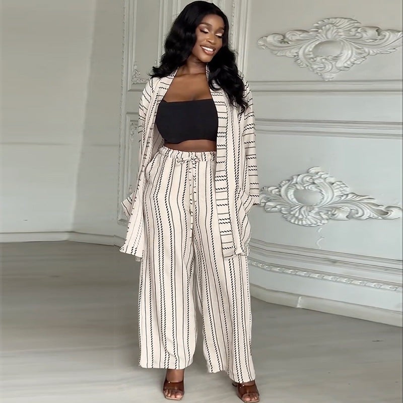 European and American  women's clothing 2025 autumn new fashion casual striped loose cardigan high waist wide leg pants set