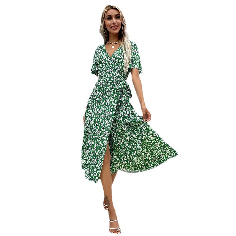 Spring and summer    independent station new European and American women's clothing French pastoral slim-fit printed dress