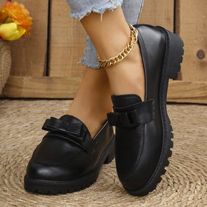 Women's british style leather loafers for cross-border e-commerce: new autumn/winter collection - chunky sole, slip-on, plus size, with bow detail