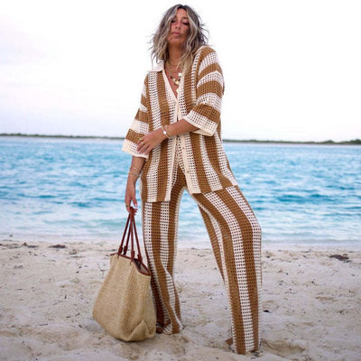 "vip exclusive" cross-border e-commerce source factory: european and american style women's knitted striped sexy pant suit