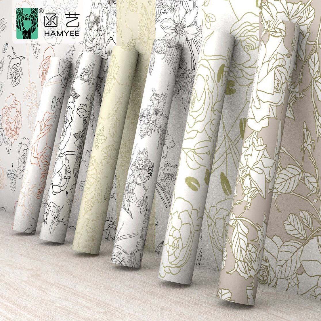 Cross-border sketch flower wallpaper thickened waterproof PVC wallpaper self-adhesive background wall decoration personalized wall sticker cloth with glue