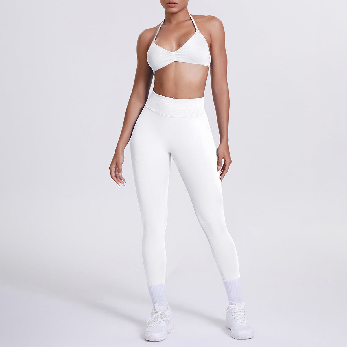 Spot solid color yoga clothes high waist peach hip sports trousers suspenders beautiful back neck bra fitness yoga set