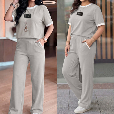 S391595 cross-border european and american women's two-piece casual activewear set - short sleeve crewneck top and wide leg pants set