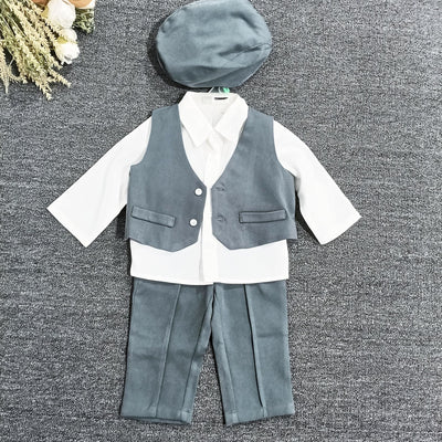 Boys' british style suit set - spring/autumn collection: stylish vest, shirt, pants, and beret - four-piece formal outfit