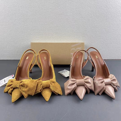Spain 2024 summer new arrival: patent leather peep-toe mules with back strap, bow detail, and pointed toe high heels